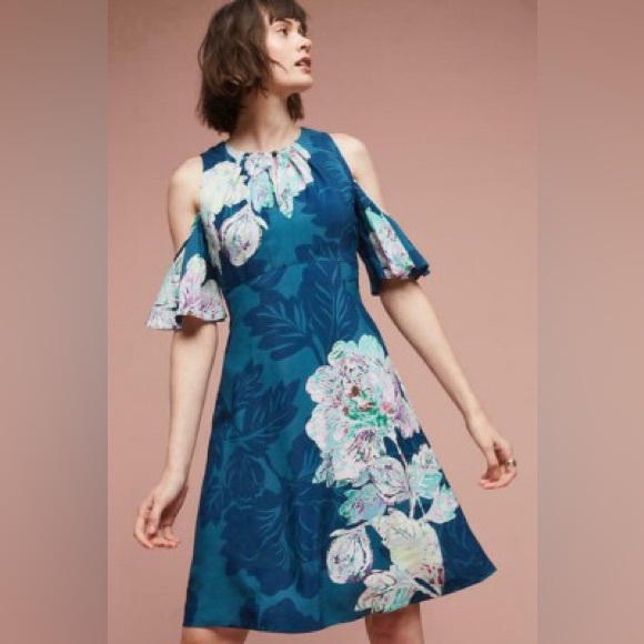 Anthropologie Maeve Elia Open Shoulder Midi Fit Flare Floral Teal dress Sz 0 - Picture 2 of 15